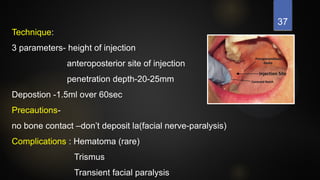 37
Technique:
3 parameters- height of injection
anteroposterior site of injection
penetration depth-20-25mm
Depostion -1.5ml over 60sec
Precautions-
no bone contact –don’t deposit la(facial nerve-paralysis)
Complications : Hematoma (rare)
Trismus
Transient facial paralysis
 