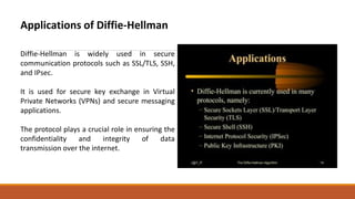 Applications of Diffie-Hellman
Diffie-Hellman is widely used in secure
communication protocols such as SSL/TLS, SSH,
and IPsec.
It is used for secure key exchange in Virtual
Private Networks (VPNs) and secure messaging
applications.
The protocol plays a crucial role in ensuring the
confidentiality and integrity of data
transmission over the internet.
 