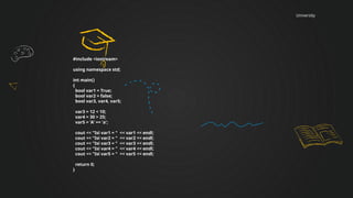 University
#include <iostream>
using namespace std;
int main()
{
bool var1 = True;
bool var2 = false;
bool var3, var4, var5;
var3 = 12 < 10;
var4 = 30 > 25;
var5 = 'A' == 'a';
cout << "Isi var1 = " << var1 << endl;
cout << "Isi var2 = " << var2 << endl;
cout << "Isi var3 = " << var3 << endl;
cout << "Isi var4 = " << var4 << endl;
cout << "Isi var5 = " << var5 << endl;
return 0;
}
 