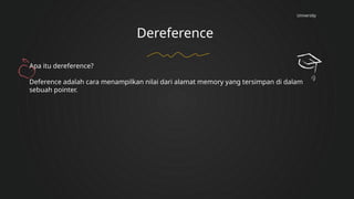 University
Dereference
Apa itu dereference?
Deference adalah cara menampilkan nilai dari alamat memory yang tersimpan di dalam
sebuah pointer.
 