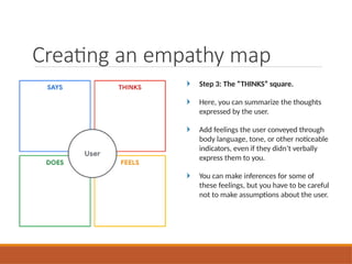 Step 3: The “THINKS” square.
Here, you can summarize the thoughts
expressed by the user.
Add feelings the user conveyed through
body language, tone, or other noticeable
indicators, even if they didn’t verbally
express them to you.
You can make inferences for some of
these feelings, but you have to be careful
not to make assumptions about the user.
Creating an empathy map
 
