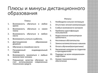 Плюсы и минусы дистанционного
образования
Плюсы
1. Возможность обучаться в любое
время
2. Возможность обучаться в своем
темпе
3. Возможность обучаться в любом
месте
4. Возможность учиться и работать
5. Дистанционное образование
дешевле
6. Обучение в спокойном месте
7. Расширенный индивидуальный
подход
8. Возможность заниматься с любым
количеством человек
9. Повышение качества обучения за
счет использования современных
технических средств
Минусы
1. Необходима сильная мотивация
2. Отсутствие личной коммуникации
3. Слабые возможности контроля
4. Проблема идентификации
пользователя
5. Недостаточная компьютерная
грамотность
6. Негативные обстоятельства
7. Замена вспомогательных навыков
8. Оплата обучения(контрактники)
9. Увеличение нагрузки на студентов
и преподавателей
10. Подходит не всем направлениям
подготовки
11. Низкое технологическое
обеспечение
 
