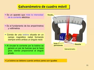 11
Núcleo de
hierro dulce
Bobina
 Es un aparato que mide la intensidad
de la corriente eléctrica
 Es el fundamento de los amperímetros
y voltímetros
 Consta de una bobina situada en un
campo magnético radial formando
siempre entre ambos un ángulo recto
 Al circular la corriente por la bobina se
genera un par de fuerzas que la hace
girar, siendo proporcional al ángulo
girado
 La bobina se detiene cuando ambos pares son iguales
Galvanómetro
Galvanómetro de cuadro móvil
Escala
Imán
permanente
Resorte
 