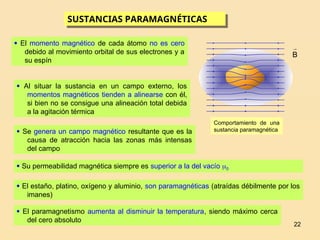 22
Comportamiento de una
sustancia paramagnética
SUSTANCIAS PARAMAGNÉTICAS

B
 El momento magnético de cada átomo no es cero
debido al movimiento orbital de sus electrones y a
su espín
 Al situar la sustancia en un campo externo, los
momentos magnéticos tienden a alinearse con él,
si bien no se consigue una alineación total debida
a la agitación térmica
 Su permeabilidad magnética siempre es superior a la del vacío 0
 El estaño, platino, oxígeno y aluminio, son paramagnéticas (atraídas débilmente por los
imanes)
 Se genera un campo magnético resultante que es la
causa de atracción hacia las zonas más intensas
del campo
 El paramagnetismo aumenta al disminuir la temperatura, siendo máximo cerca
del cero absoluto
 