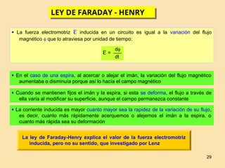 29
LEY DE FARADAY - HENRY
 La fuerza electromotriz  inducida en un circuito es igual a la variación del flujo
magnético  que lo atraviesa por unidad de tiempo:
 =
d
dt
 En el caso de una espira, al acercar o alejar el imán, la variación del flujo magnético
aumentaba o disminuía porque así lo hacía el campo magnético
 Cuando se mantienen fijos el imán y la espira, si esta se deforma, el flujo a través de
ella varía al modificar su superficie, aunque el campo permanezca constante
 La corriente inducida es mayor cuanto mayor sea la rapidez de la variación de su flujo,
es decir, cuanto más rápidamente acerquemos o alejemos el imán a la espira, o
cuanto más rápida sea su deformación
La ley de Faraday-Henry explica el valor de la fuerza electromotriz
inducida, pero no su sentido, que investigado por Lenz
 