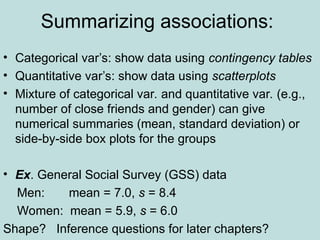 Summarizing associations:
• Categorical var’s: show data using contingency tables
• Quantitative var’s: show data using scatterplots
• Mixture of categorical var. and quantitative var. (e.g.,
number of close friends and gender) can give
numerical summaries (mean, standard deviation) or
side-by-side box plots for the groups
• Ex. General Social Survey (GSS) data
Men: mean = 7.0, s = 8.4
Women: mean = 5.9, s = 6.0
Shape? Inference questions for later chapters?
 