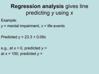 Regression analysis gives line
predicting y using x
Example:
y = mental impairment, x = life events
Predicted y = 23.3 + 0.09x
e.g., at x = 0, predicted y =
at x = 100, predicted y =
 