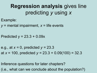 Regression analysis gives line
predicting y using x
Example:
y = mental impairment, x = life events
Predicted y = 23.3 + 0.09x
e.g., at x = 0, predicted y = 23.3
at x = 100, predicted y = 23.3 + 0.09(100) = 32.3
Inference questions for later chapters?
(i.e., what can we conclude about the population?)
 