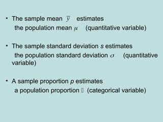 • The sample mean estimates
the population mean  (quantitative variable)
• The sample standard deviation s estimates
the population standard deviation (quantitative
variable)
• A sample proportion p estimates
a population proportion  (categorical variable)
y
 