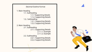 Decimal Outline Format
1. Main Heading
1.1. Subheading
1.1.1 Supporting Details
1.1.2. Supporting Details
1.2.. Subheading
1.2.1. Supporting Details
1.2.2. Supporting Details
2. Main Heading
2.1. Subheading
2.1.1. Supporting Details
2.1.1.1. Example
2.1.1.2. Example
2.2. Subheading
2.2.1. Supporting Details
2.2.2. Supporting Details
 
