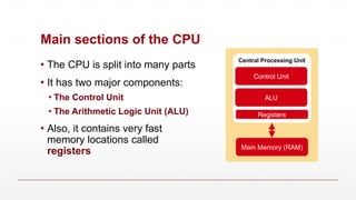 Main sections of the CPU
▪ The CPU is split into many parts
▪ It has two major components:
▪ The Control Unit
▪ The Arithmetic Logic Unit (ALU)
▪ Also, it contains very fast
memory locations called
registers
Central Processing Unit
Control Unit
ALU
Main Memory (RAM)
Registers
 