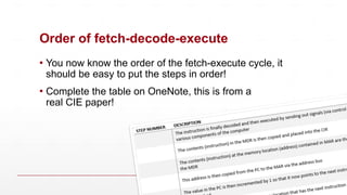 Order of fetch-decode-execute
▪ You now know the order of the fetch-execute cycle, it
should be easy to put the steps in order!
▪ Complete the table on OneNote, this is from a
real CIE paper!
 