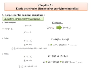 Chapitre 3 :
Etude des circuits élémentaires en régime sinusoïdal
3- Rappels sur les nombres complexes :
Operations sur les nombres complexes :
Z=3+j2 Z*=3-j2
Exemples :
Z1=3+j2 et Z2=1-j5
Z1 Z2=(1-j5)(1-j5) = ………
Z1=3+j2 et Z2=1-j5
Z1 Z2 = (3+j2) (1-j5) = (……+j …..)
 