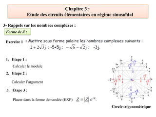 Chapitre 3 :
Etude des circuits élémentaires en régime sinusoïdal
3- Rappels sur les nombres complexes :
Forme de Z :
Exercice 1
Cercle trigonométrique
1. Etape 1 :
2. Etape 2 :
Calculer le module
Calculer l’argument
3. Etape 3 :
Placer dans la forme demandée (EXP)
 