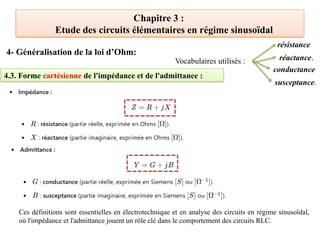 Chapitre 3 :
Etude des circuits élémentaires en régime sinusoïdal
4- Généralisation de la loi d’Ohm:
4.3. Forme cartésienne de l'impédance et de l'admittance :
Vocabulaires utilisés :
résistance
réactance.
conductance
susceptance.
Ces définitions sont essentielles en électrotechnique et en analyse des circuits en régime sinusoïdal,
où l'impédance et l'admittance jouent un rôle clé dans le comportement des circuits RLC.
 