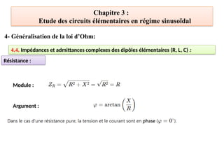 Chapitre 3 :
Etude des circuits élémentaires en régime sinusoïdal
4- Généralisation de la loi d’Ohm:
4.4. Impédances et admittances complexes des dipôles élémentaires (R, L, C) :
Résistance :
Module :
Argument :
 