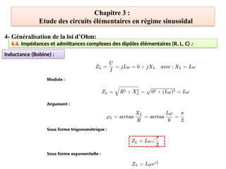 Chapitre 3 :
Etude des circuits élémentaires en régime sinusoïdal
4- Généralisation de la loi d’Ohm:
4.4. Impédances et admittances complexes des dipôles élémentaires (R, L, C) :
Inductance (Bobine) :
 