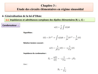 Chapitre 3 :
Etude des circuits élémentaires en régime sinusoïdal
4- Généralisation de la loi d’Ohm:
4.4. Impédances et admittances complexes des dipôles élémentaires (R, L, C) :
Condensateur :
 