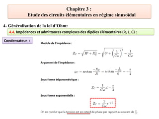 Chapitre 3 :
Etude des circuits élémentaires en régime sinusoïdal
4- Généralisation de la loi d’Ohm:
4.4. Impédances et admittances complexes des dipôles élémentaires (R, L, C) :
Condensateur :
 