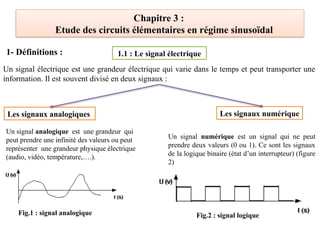 Chapitre 3 :
Etude des circuits élémentaires en régime sinusoïdal
1.1 : Le signal électrique
Un signal électrique est une grandeur électrique qui varie dans le temps et peut transporter une
information. Il est souvent divisé en deux signaux :
Les signaux analogiques Les signaux numérique
Un signal analogique est une grandeur qui
peut prendre une infinité des valeurs ou peut
représenter une grandeur physique électrique
(audio, vidéo, température,….).
Fig.1 : signal analogique
Un signal numérique est un signal qui ne peut
prendre deux valeurs (0 ou 1). Ce sont les signaux
de la logique binaire (état d’un interrupteur) (figure
2)
Fig.2 : signal logique
1- Définitions :
 