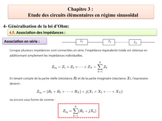 Chapitre 3 :
Etude des circuits élémentaires en régime sinusoïdal
4- Généralisation de la loi d’Ohm:
4.5. Association des impédances :
Association en série :
 
