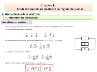Chapitre 3 :
Etude des circuits élémentaires en régime sinusoïdal
4- Généralisation de la loi d’Ohm:
4.4. Association des impédances :
Association en parallèle :
 