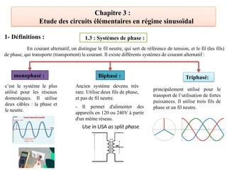 Chapitre 3 :
Etude des circuits élémentaires en régime sinusoïdal
1.3 : Systèmes de phase :
1- Définitions :
En courant alternatif, on distingue le fil neutre, qui sert de référence de tension, et le fil (les fils)
de phase, qui transporte (transportent) le courant. Il existe différents systèmes de courant alternatif :
monophasé :
c’est le système le plus
utilisé pour les réseaux
domestiques. Il utilise
deux câbles : la phase et
le neutre.
Biphasé :
Ancien système devenu très
rare. Utilise deux fils de phase,
et pas de fil neutre.
Triphasé:
principalement utilisé pour le
transport de l’utilisation de fortes
puissances. Il utilise trois fils de
phase et un fil neutre.
Use in USA as split phase
- Il permet d'alimenter des
appareils en 120 ou 240V à partir
d'un même réseau.
 