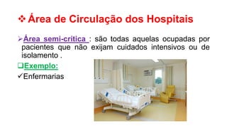 Área de Circulação dos Hospitais
Área semi-crítica : são todas aquelas ocupadas por
pacientes que não exijam cuidados intensivos ou de
isolamento .
Exemplo:
Enfermarias
 