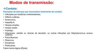 Modos de transmissão:
Contato:
Exemplos de doenças que necessitam isolamento de contato:
• Infecções por bactérias multiresistentes,
• Difteria cutânea,
• Enterovirus,
• Hepatite A,
• Herpes simples,
• herpes zoster,
• Impetigo,
• Abscessos, celulite ou úlceras de decúbito, ou outras infecções por Staphylococcus aureus
cutâneo,
• Parainfluenza;
• Rotavirus,
• Escabiose,
• Pediculose,
Febre hemorrágica (Ébola)
 