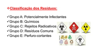 Classificação dos Resíduos:
Grupo A: Potencialmente Infectantes
Grupo B: Químicos
Grupo C: Rejeitos Radioativos
Grupo D: Resíduos Comuns
Grupo E: Perfuro-cortantes
 