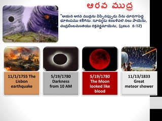 ఆర్వ ముదా
11/1/1755 The
Lisbon
earthquake
5/19/1780
Darkness
from 10 AM
5/19/1780
The Moon
looked like
blood
11/13/1833
Great
meteor shower
 