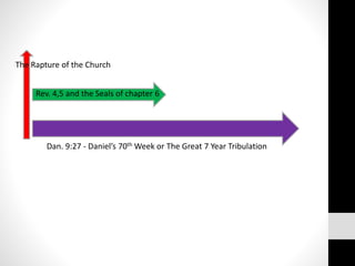 Dan. 9:27 - Daniel’s 70th Week or The Great 7 Year Tribulation
Rev. 4,5 and the Seals of chapter 6
The Rapture of the Church
 