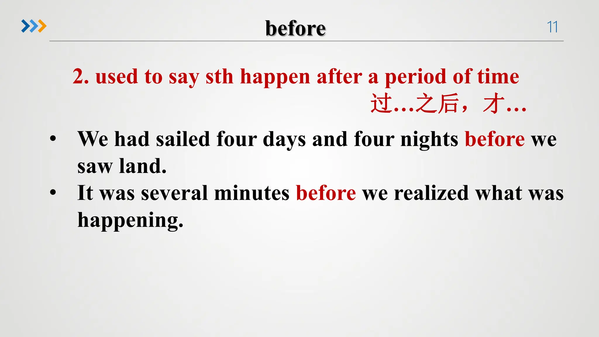 11
2. used to say sth happen after a period of time
过…之后，才…
• We had sailed four days and four nights before we
saw land.
• It was several minutes before we realized what was
happening.
 