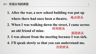 3
1. After the war, a new school building was put up
where there had once been a theatre.
2. When I was walking down the street, I came across
an old friend of mine.
3. I was absent from the meeting because I was sick.
4. I’ll speak slowly so that you can understand me.
状语从句的类型
地点状从
时间状从
原因状从
目的状从
 
