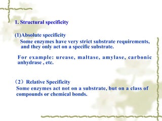 Absolute Specificity Example Introduction to Enzymes & Characteristics of enzymes | PDF