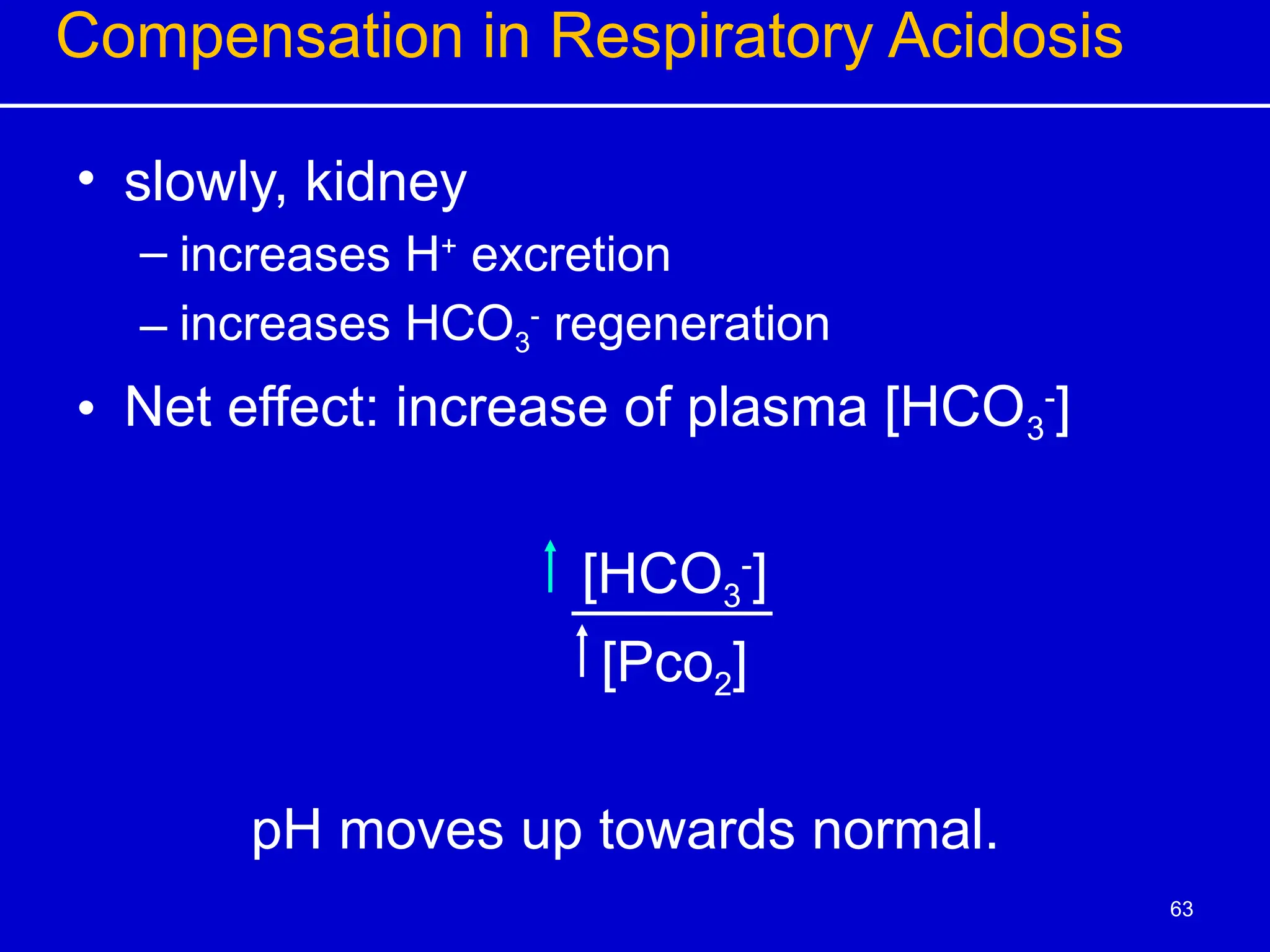 Compensation in Respiratory Acidosis
• slowly, kidney
– increases H+
excretion
– increases HCO3
-
regeneration
• Net effect: increase of plasma [HCO3
-
]
[HCO3
-
]
[Pco2]
pH moves up towards normal.
63
 