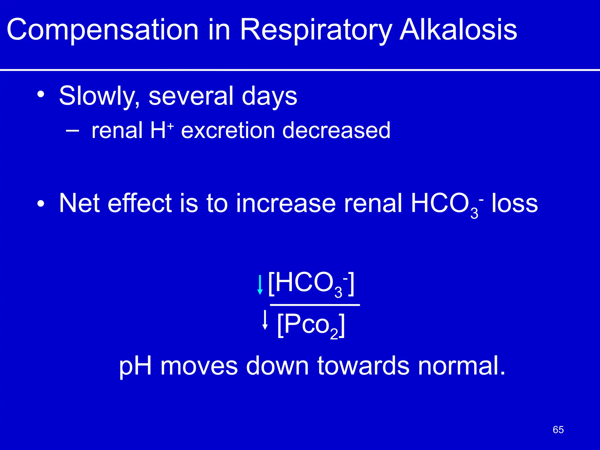 Compensation in Respiratory Alkalosis
• Slowly, several days
– renal H+
excretion decreased
• Net effect is to increase renal HCO3
-
loss
[HCO3
-
]
[Pco2]
pH moves down towards normal.
65
 