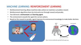 • Reinforcement learning allows machines take actions to maximize cumulative reward.
• Reinforcement algorithms learn by trial and error through reward and penalty.
• Two elements: environment and learning agent.
• The environment rewards the agent for correct actions.
• Based on the reward or penalty, agent improves its environment knowledge to make better decision.
MACHINE LEARNING: REINFORCEMENT LEARNING
https://commons.wikimedia.org/wiki/File:Rl_agent.png
AGENT
ENVIRONMENT
-10 Points
+10 Points
 