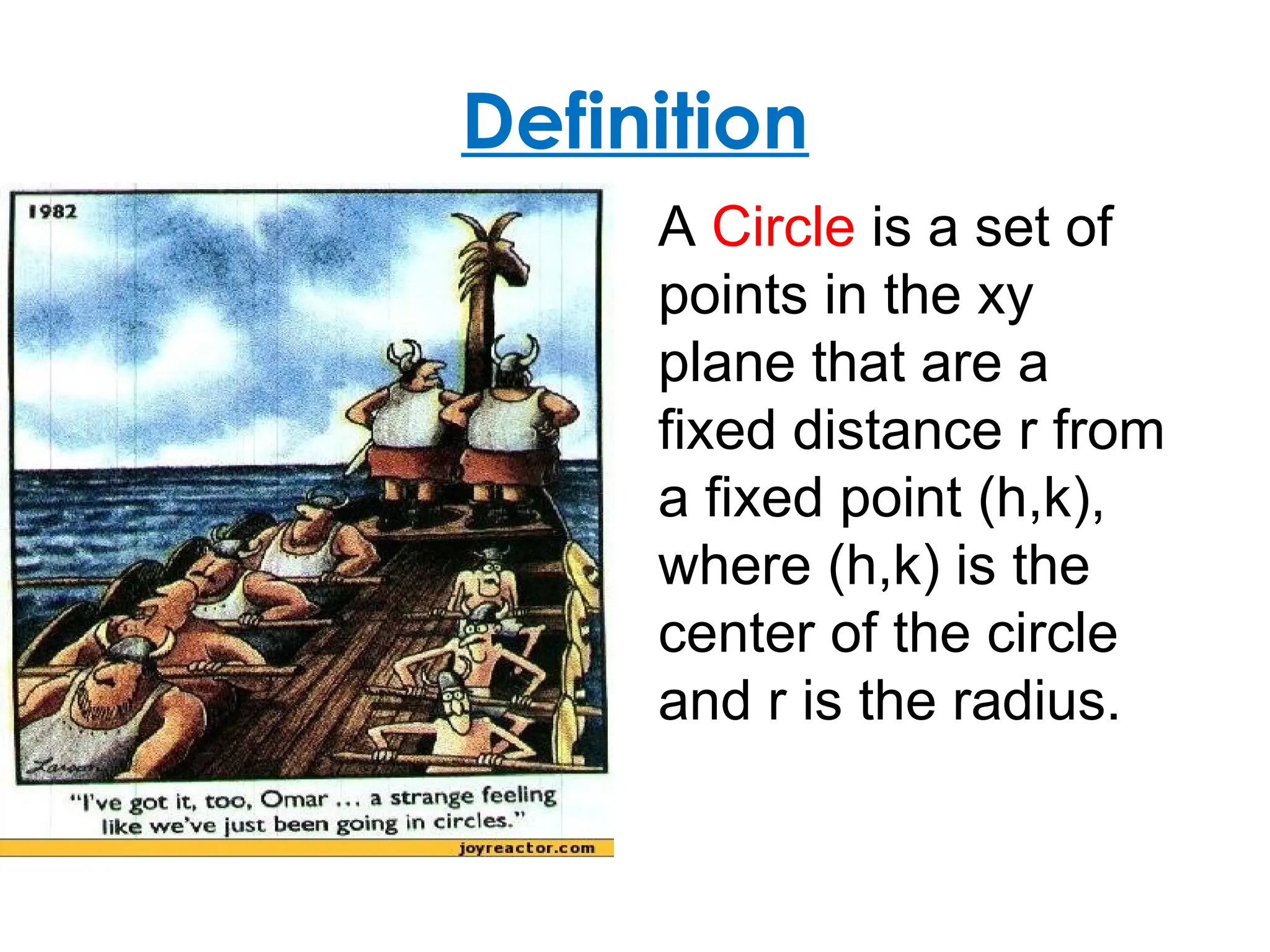 Definition
A Circle is a set of
points in the xy
plane that are a
fixed distance r from
a fixed point (h,k),
where (h,k) is the
center of the circle
and r is the radius.
 