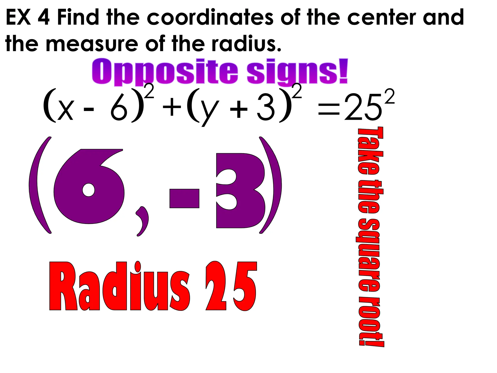 EX 4 Find the coordinates of the center and
the measure of the radius.
   
2 2 2
6 + 3 25
x y
  
 