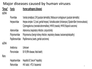 Major diseases caused by human viruses
"Group" Family Humanpathogens(disease)
dsDNA
Poxviridae Variola(smallpox);Orf(pustulardermatitis);Molluscumcontagiosum(pustulardermatitis)
Herpesviridae Herpessimplex1,2(oral,genitalherpes);Varicella-zoster(chickenpox);Epstein-Barr(mononucleosis);
Cytomegalovirus(neonatalabnormalities);HHV6(roseola);HHV8(Kaposi'ssarcoma)
Adenoviridae Adenovirus(respiratoryinfection,conjunctivitis)
Polyomaviridae Polyomavirus(benignkidneyinfection,respiratorydisease,leukoencephalopathy)
Papillomaviridae Papillomavirus(warts,genitalcarcinoma)
ssDNA
Anellovirus Unknown
Parvoviradae B-19(fifthdisease,fetaldeath)
Retro
Hepadnaviridae HepatitisB("serum"hepatitis)
Retroviridae HIV(aids); HTLV(leukemia) 6
 