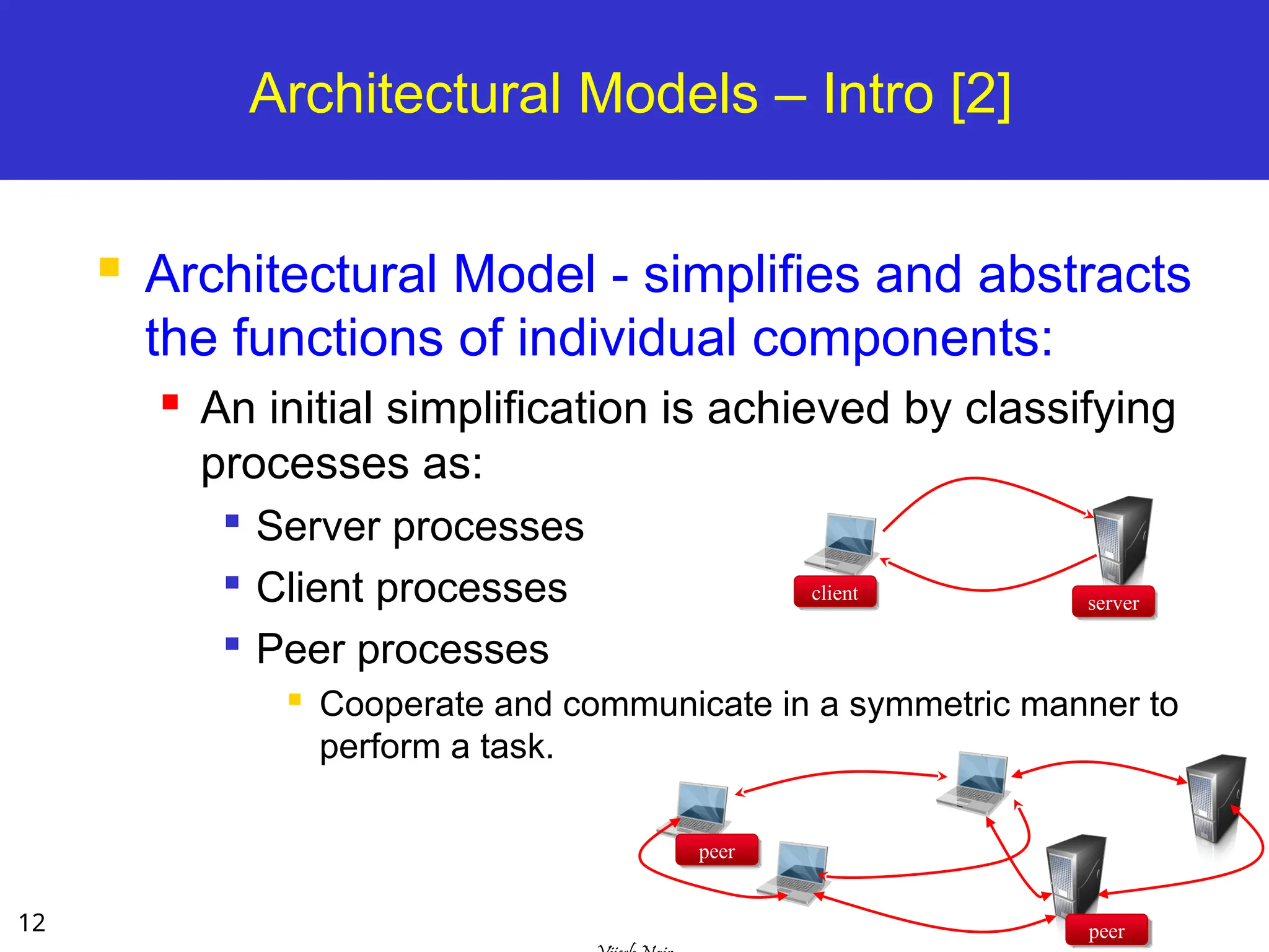 12
Architectural Models – Intro [2]
 Architectural Model - simplifies and abstracts
the functions of individual components:
 An initial simplification is achieved by classifying
processes as:

Server processes

Client processes

Peer processes
 Cooperate and communicate in a symmetric manner to
perform a task.
client server
peer
peer
 