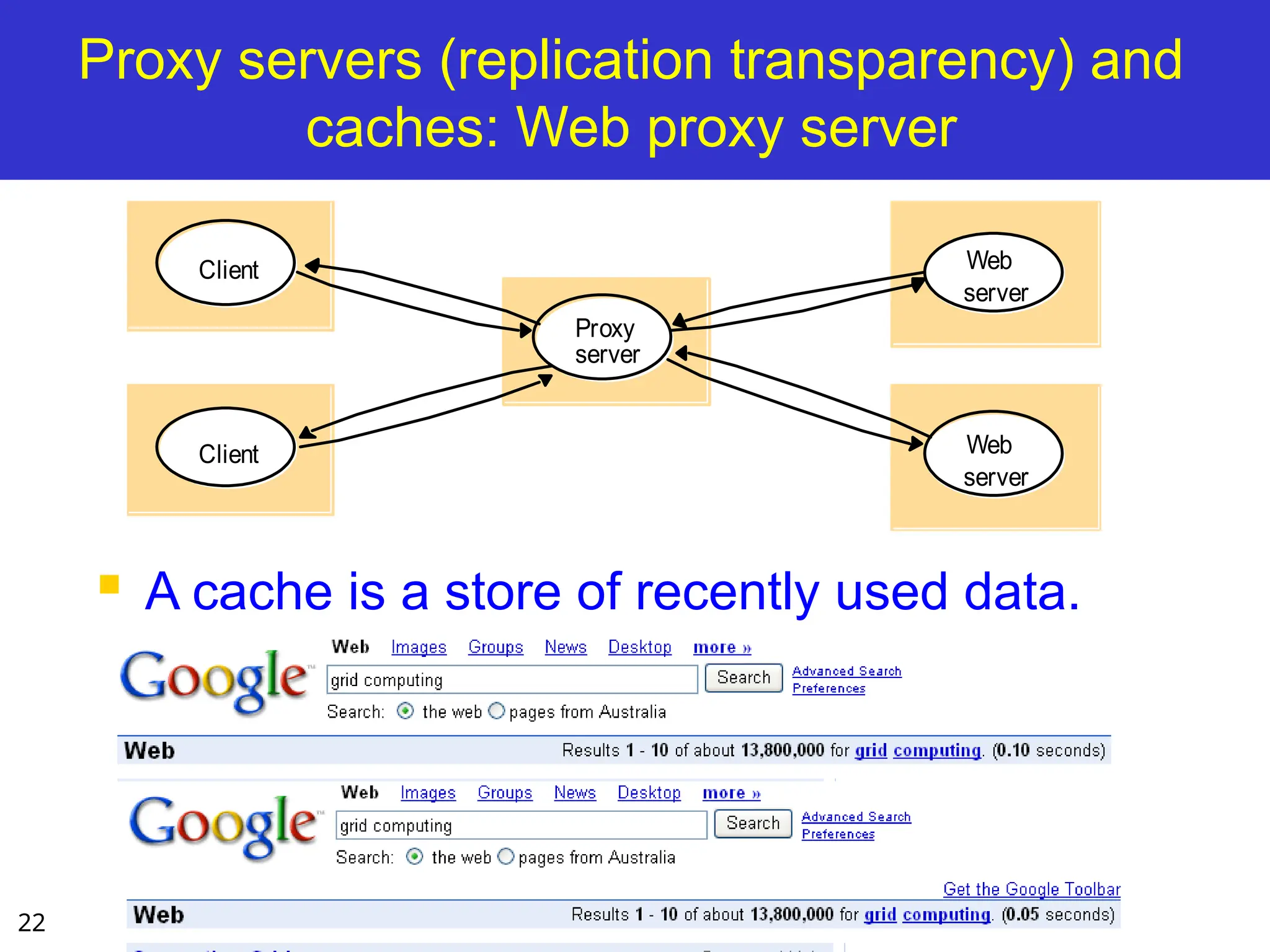 22
Proxy servers (replication transparency) and
caches: Web proxy server
 A cache is a store of recently used data.
Client
Proxy
Web
server
Web
server
server
Client
 