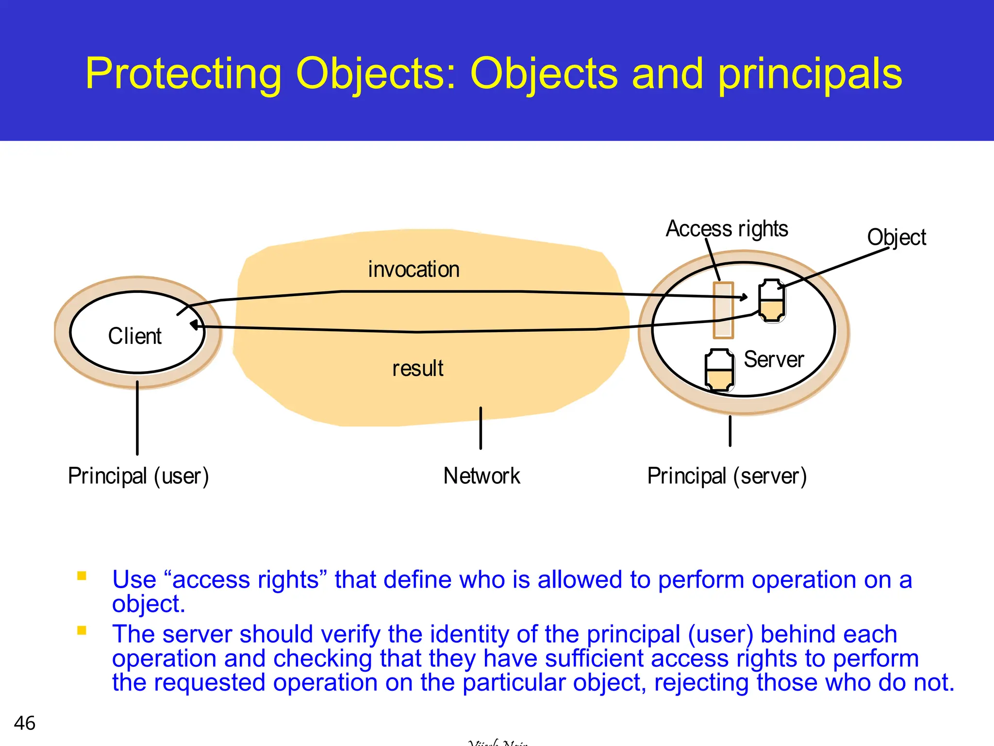 46
Protecting Objects: Objects and principals
 Use “access rights” that define who is allowed to perform operation on a
object.
 The server should verify the identity of the principal (user) behind each
operation and checking that they have sufficient access rights to perform
the requested operation on the particular object, rejecting those who do not.
Network
invocation
result
Client
Server
Principal (user) Principal (server)
Object
Access rights
 