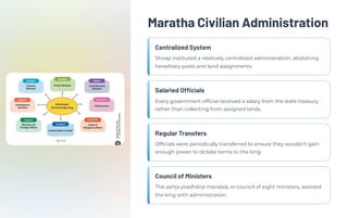 Maratha Civilian Administration
Centralized System
Shivaji instituted a relatively centralized administration, abolishing
hereditary posts and land assignments.
Salaried Officials
Every government official received a salary from the state treasury
rather than collecting from assigned lands.
Regular Transfers
Officials were periodically transferred to ensure they wouldn't gain
enough power to dictate terms to the king.
Council of Ministers
The aṣhṭa pradhāna manḍala, or council of eight ministers, assisted
the king with administration.
 