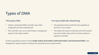 Types of DMA
Third-party DMA
• Utilizes a dedicated DMA controller chip, often
integrated onto the motherboard.
• The controller acts as an intermediary, managing all
aspects of the data transfer.
First-party DMA (Bus Mastering)
• The peripheral device itself has the capability to
become a "bus master."
• This allows the device to directly control the system
bus and transfer data to/from memory without a
separate controller.
Further specialized variants include Single-ended, Dual-ended, Arbitrated-ended, and Interleaved DMA, each
designed for specific system architectures and performance requirements.
 