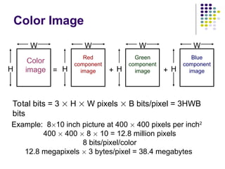 H
W
= + +
H
W
H
W
H
W
Color
image
Red
component
image
Green
component
image
Blue
component
image
Total bits = 3  H  W pixels  B bits/pixel = 3HWB
bits
Example: 810 inch picture at 400  400 pixels per inch2
400  400  8  10 = 12.8 million pixels
8 bits/pixel/color
12.8 megapixels  3 bytes/pixel = 38.4 megabytes
Color Image
 