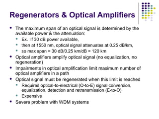 Regenerators & Optical Amplifiers
 The maximum span of an optical signal is determined by the
available power & the attenuation:
 Ex. If 30 dB power available,
 then at 1550 nm, optical signal attenuates at 0.25 dB/km,
 so max span = 30 dB/0.25 km/dB = 120 km
 Optical amplifiers amplify optical signal (no equalization, no
regeneration)
 Impairments in optical amplification limit maximum number of
optical amplifiers in a path
 Optical signal must be regenerated when this limit is reached
 Requires optical-to-electrical (O-to-E) signal conversion,
equalization, detection and retransmission (E-to-O)
 Expensive
 Severe problem with WDM systems
 