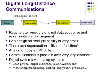 Digital Long-Distance
Communications
 Regenerator recovers original data sequence and
retransmits on next segment
 Can design so error probability is very small
 Then each regeneration is like the first time!
 Analogy: copy an MP3 file
 Communications is possible over very long distances
 Digital systems vs. analog systems
 Less power, longer distances, lower system cost
 Monitoring, multiplexing, coding, encryption, protocols…
Source Destination
Regenerator
Transmission segment
Regenerator
. . .
 
