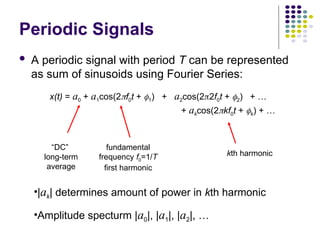 Periodic Signals
 A periodic signal with period T can be represented
as sum of sinusoids using Fourier Series:
“DC”
long-term
average
fundamental
frequency f0=1/T
first harmonic
kth harmonic
x(t) = a0 + a1cos(2f0t + 1) + a2cos(22f0t + 2) + …
+ akcos(2kf0t + k) + …
•|ak| determines amount of power in kth harmonic
•Amplitude specturm |a0|, |a1|, |a2|, …
 